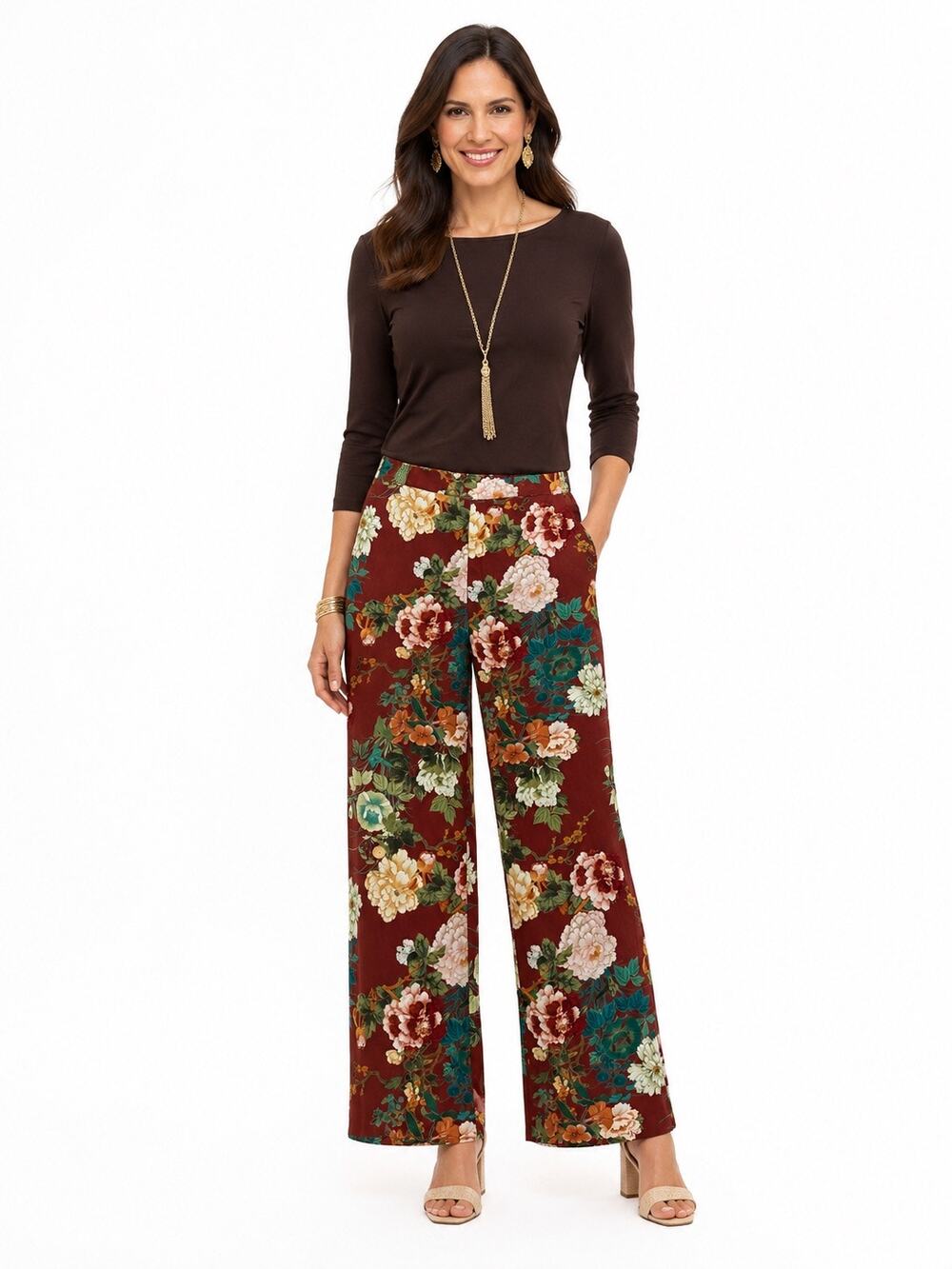 Chicos Women's Multicolor Floral Pull-On Lightweight  Wide Leg Pants Size 8